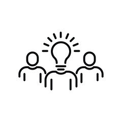 thin line insight icon with group of people and black bulb. outline flat trend modern logo graphic stroke art design isolated on white. concept of scholars or scientists and students or genius