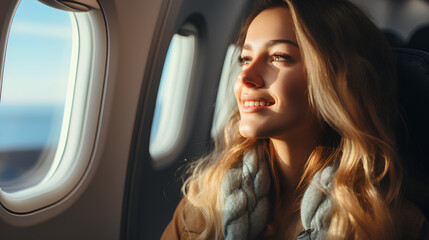 Beautiful young woman sitting in the cabin of a plane and looking away