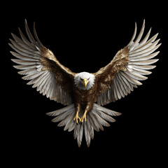 white gold eagle flying over black background, in the style of concept art, sculpted forms