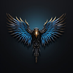 Obraz premium dark blue and bronze bird wings, in the style of symbolism, dark black and blue background 3d, ancient art,