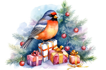 Christmas Poster. illustration of Christmas Background with branches of christmas tree and bullfinch. Post processed AI generated image.
