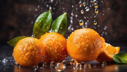 Fresh ripe oranges with water drops background. Close up of juicy fruit backdrop
