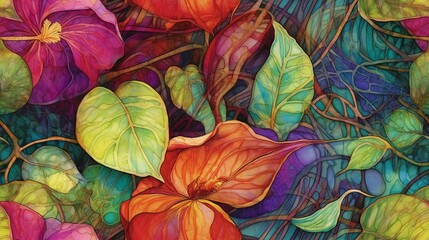Vivid colored floral painting background, leaves, petals, flowers, branches, colorful banner design.