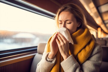 woman sneezing while on a train, public transport illness virus concept, winter problems