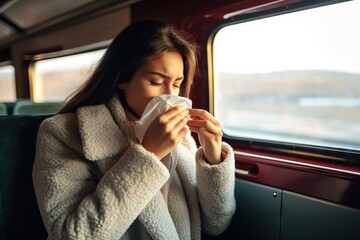 woman sneezing while on a train, public transport illness virus concept, winter problems