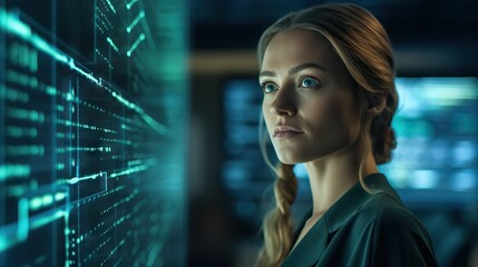 scientist observe working on hologram screen, Graphical user interface. Virtual reality. Metaverse.