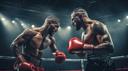 Two boxers fighting in boxing ring. Cinematic lights, most important moment, ko concept