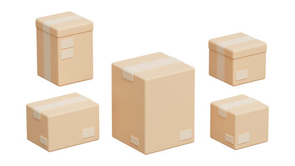 Set of 3d delivery boxes or postal parcel packaging, Delivery boxes in different sizes. Mail containers in various shapes. Transparent 3d illustration