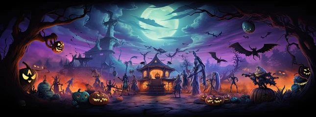 Papier Peint photo Lavable Chambre denfants Scary Halloween background. Purple themed Halloween landscape concept. Happy Halloween!