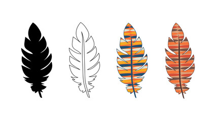 Tribal ethnic bright feathers of Indians. Stylized bird feathers. Color, outline, silhouette. Vector isolated. Native American culture. Decorative elements in boho style. Hippie. Scrapbooking