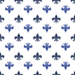 fleur-de-lis seamless pattern.Blue and white template. Floral texture. Elegant decoration, royal lily retro background. Design vintage for card, wallpaper, wrapping, textile.