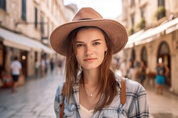 Environmental portrait photography of a grinning girl in her 20s wearing a rugged cowboy hat at the dubrovnik old town in dubrovnik croatia. With generative AI technology