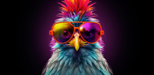 Portrait of a colored chicken wearing sun glasses with copy text space