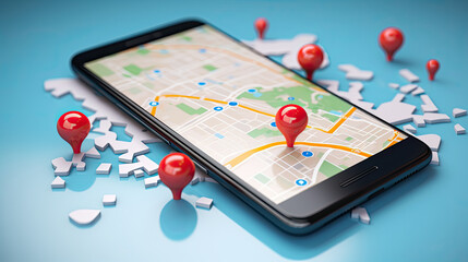 Smartphone with map, 3D Map pins, GPS, navigator pin checking points, 3D World Map icon, technology and application mobile smart phone with mobile, delivery tracking, transportation, generate by AI