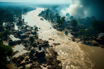Consequences of flooding in the city, aerial view. Flooded streets of the city, destruction after a natural disaster.