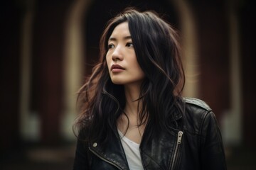 Fototapeta premium Headshot portrait photography of a merry girl in her 30s wearing a classic leather jacket at the mausoleum of the first qin emperor in xian china. With generative AI technology