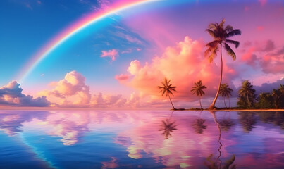 Fototapeta na wymiar Sunset of beach with palm trees and rainbow