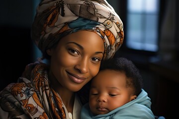 African woman holding young child, close up portrait, new motherhood concept - Powered by Adobe