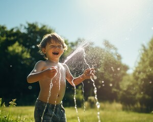 Kid having fun with water sprinkle