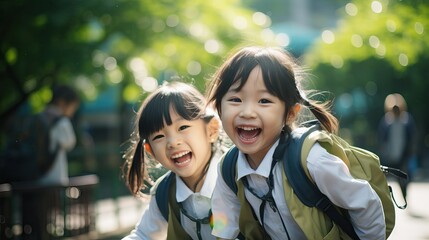 asian children couple going to school, happy kids first day class, smiling to camera with copy space