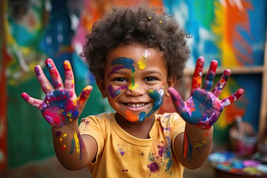 African American Little Child Showing Hands With Paint,wall With Paintings. Street Art