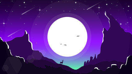 mountain landscape background. mountain view at night with moon and stars. night sky with moon and stars background. mountain landscape wallpaper for dekstop. 