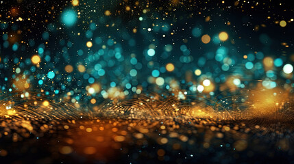Naklejka premium Abstract blue background with bokeh, sparkles and golden lights.