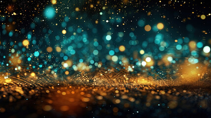 Abstract blue background with bokeh, sparkles and golden lights.