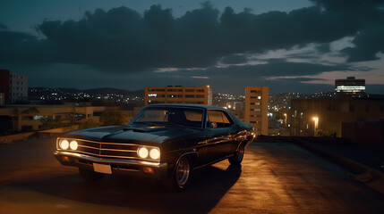 Fototapeta na wymiar Vintage muscle car parked on the street at night. 80s styled synthwave retro scene with powerful drive in evening.