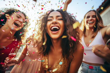 Obraz premium Group shot of young women celebrating their friend's forthcoming marriage, hen party