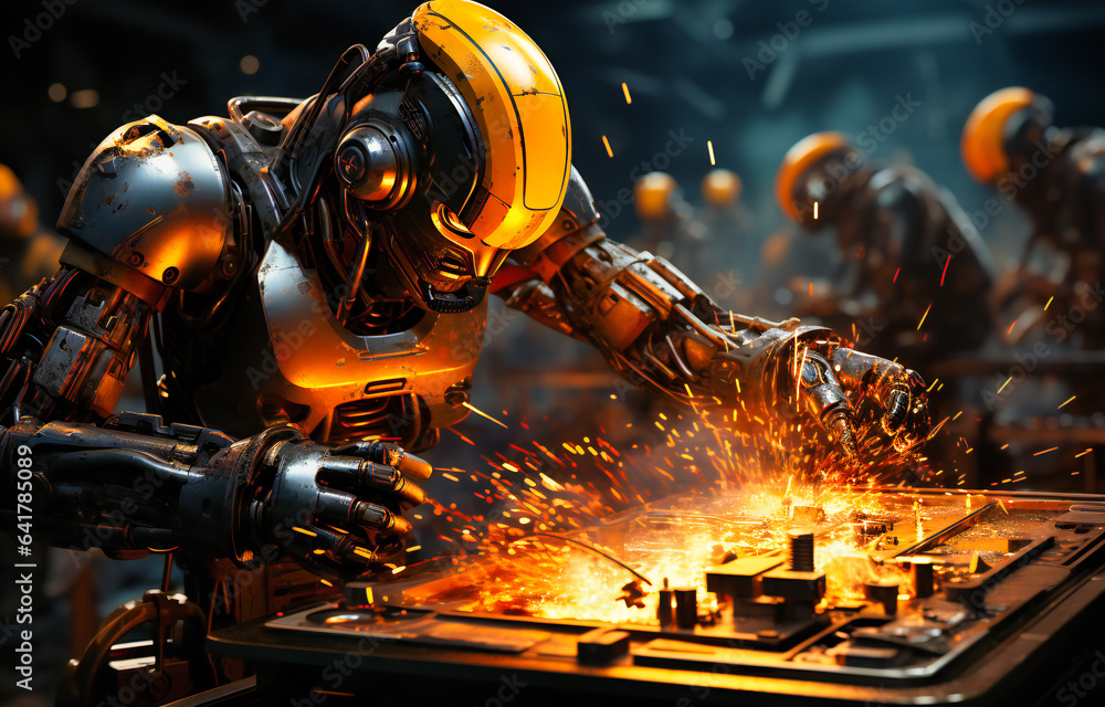 Poster welding robots in a factory setting