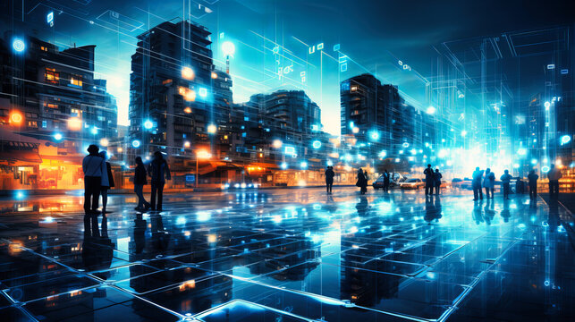 Streams of binary code raining down and merging with diverse IoT devices, highlighting the seamless integration offered by 5G and subsequent technologies