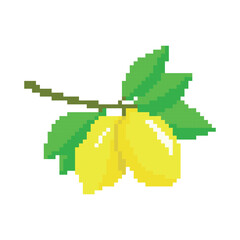 Yellow lemons with green leaves on a white background. lemon pixel art illustration. food icon vector. pixel design. embroidery.
