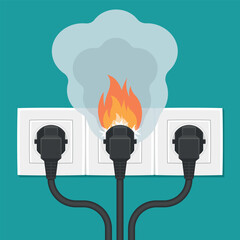 White electrical outlet with plug on fire.  Short circuit. Electrical safety concept. Wall socket in flames with smoke. Vector illustration in flat style.
