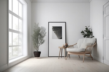 A minimalist wooden bench and plant stand add warmth and natural elements to any space. AI Generative.