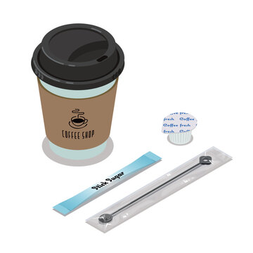 テイクアウトのホットドリンクとスティックシュガーとミルクのアイソメトリックベクターイラスト