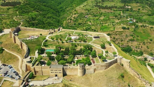 Scenic aerial view of ancient castle in Derbent city, Dagestan