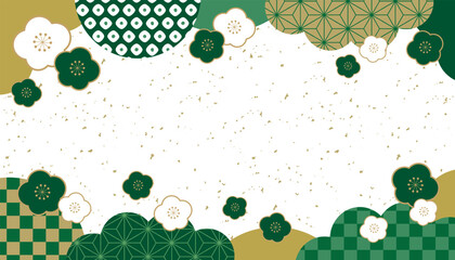 梅と和柄 和風 新春 バナー フレーム 背景/上下柄・緑・金箔
