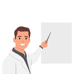 A smiling male doctor points to an empty medical demonstration board. Doctor in a white coat character. Flat vector illustration isolated on white background