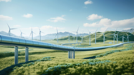 Pipeline and wind turbines against a natural background