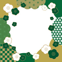 梅と和柄 和風 新春 バナー フレーム 背景/正方形・緑・透過