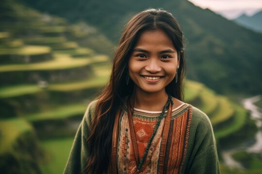 Close-up portrait photography of a grinning girl in his 20s wearing a trendy off-shoulder blouse at the banaue rice terraces in ifugao philippines. With generative AI technology