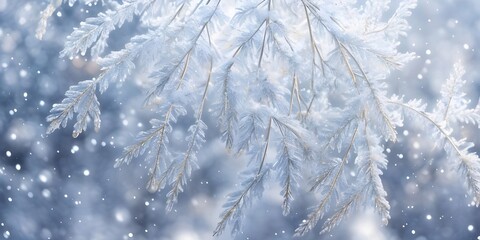 Beautiful glaciated spruce branch close-up. Magical winter background for New Year and Christmas banner. Generative AI