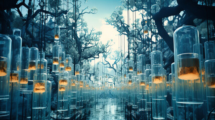A forest of test tubes with trees bearing fruits of different scientific instruments - obrazy, fototapety, plakaty