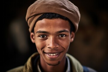 Obraz premium Headshot portrait photography of a jovial boy in his 30s wearing a stylish beret at the socotra island in yemen. With generative AI technology
