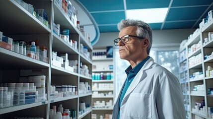 Fototapeta premium Two diverse pharmacists, discussing medications, framed by blue-tinted shelves filled with medicines