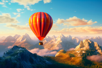 Fototapeta premium A large orange balloon flies over the mountains. A hot air balloon in flight