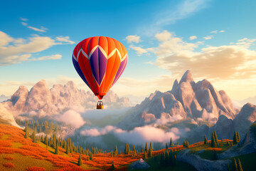 A large orange balloon flies over the mountains. A hot air balloon in flight