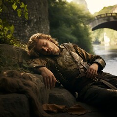 Obraz premium Blonde Young Man in Medieval Fantasy Prince Fine Garb Resting by River or Stream with Bridge in Background