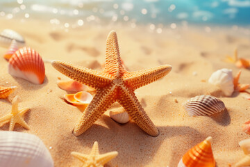 Fototapeta na wymiar Starfish on the sand on the beach among seashells. Summer vacation photo